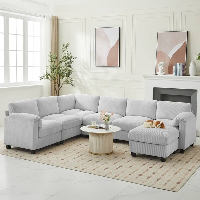 Multi-Seater Corduroy Sectional Sofa, Modular Settee, Included Removable Ottomans