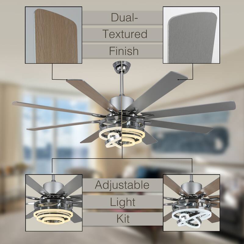 CurveCurio 72" Modern Large Ceiling Fan w LED Light, 8 Wood Blades and Quiet DC Reversiable Motor w 6 Speeds, Remote Control