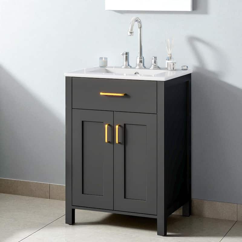24" Freestanding Bathroom Vanity with Ceramic Sink, Soft-Close Doors and Solid Wood Frame, Space-Saving Modern Cabinet - Black