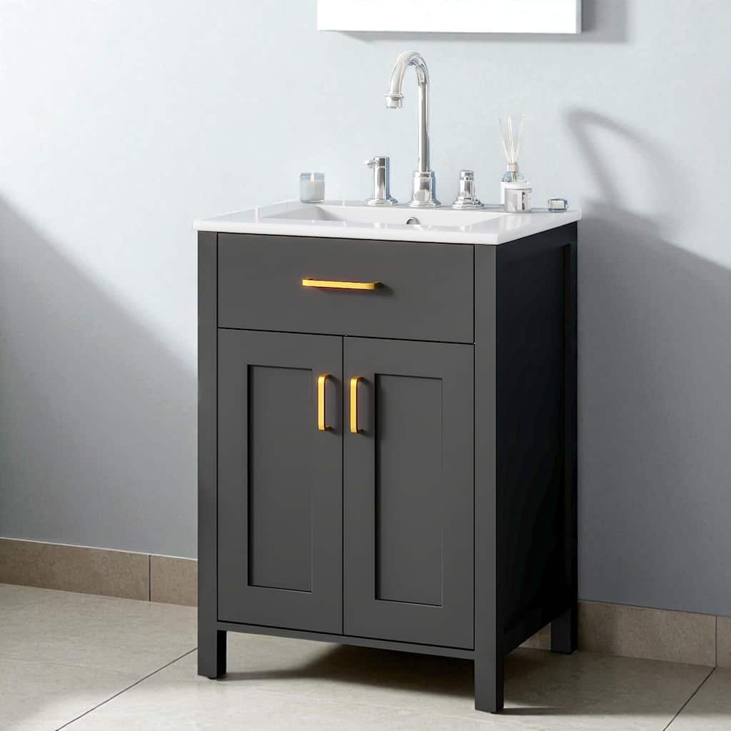 24" Freestanding Bathroom Vanity with Ceramic Sink, Soft-Close Doors and Solid Wood Frame, Space-Saving Modern Cabinet