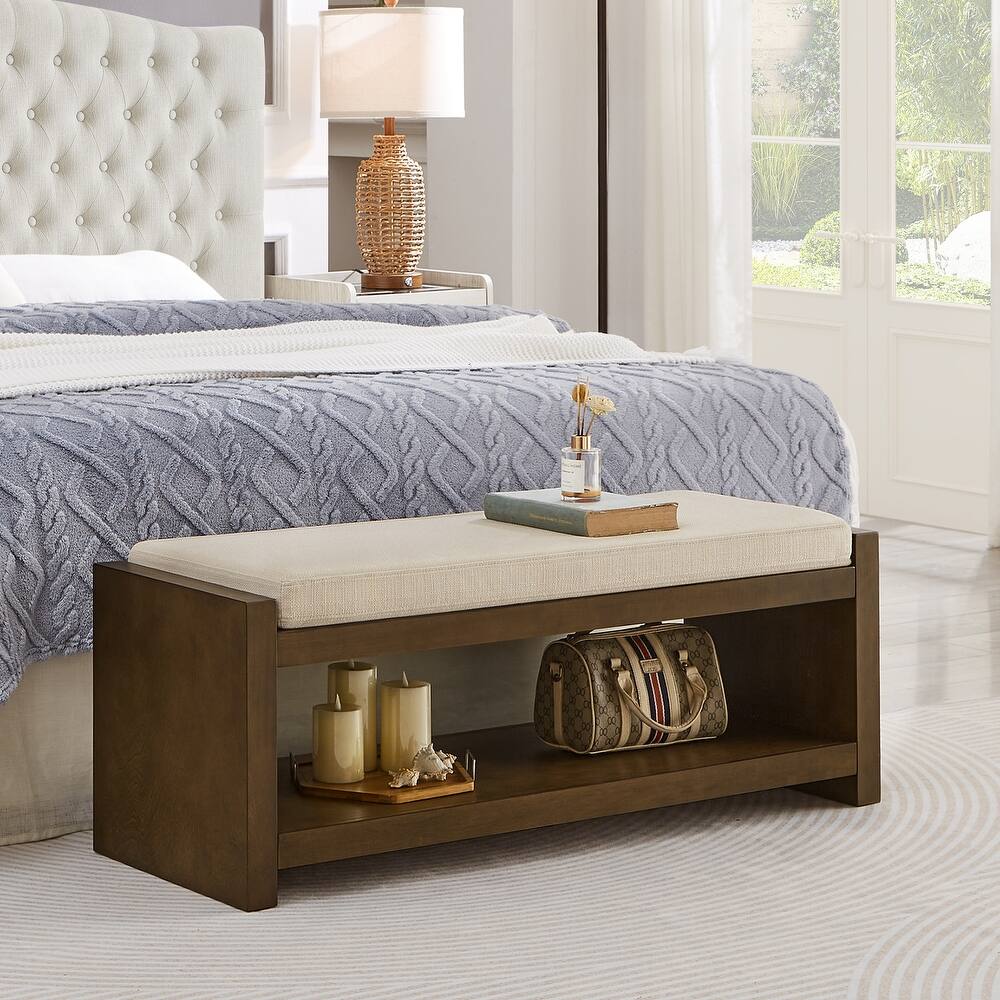 Entryway Storage Bench with Lower Shelf, End of Bed Bench with Wooden Frame Bedroom Linen Upholstered Storage Bench