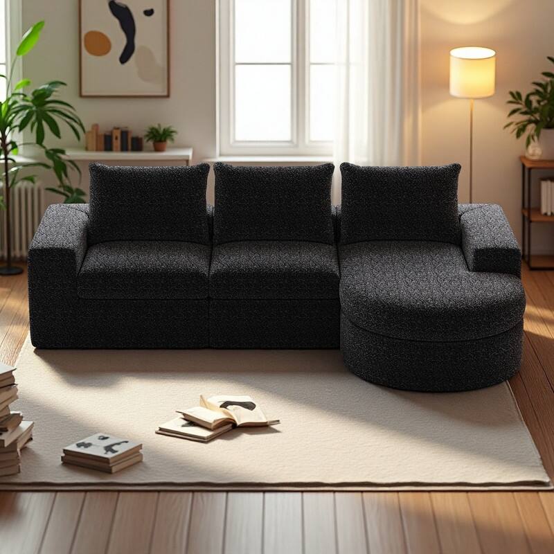 99" Chenille L-Shaped Sectional Sofa with Chaise Lounge and Deep Seats, No Assembly Required - Black