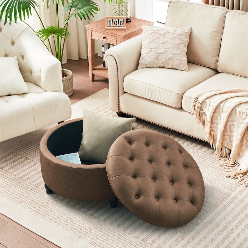 Tufted Round Storage Ottoman, Faux Leather