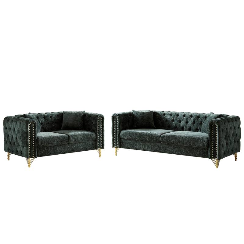 2-piece Chenille Buttons Tufted Chesterfield Nailheads Sofa Set