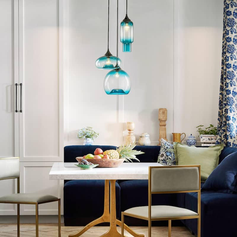 3-Light Modern Black Cluster Pendant Light Gradient Blue Glass Kitchen Island Lighting, Dining Room Ceiling Light