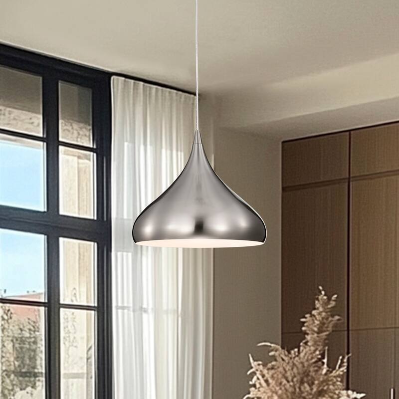 1-Light 12 in. Brushed Nickel Single Pendant with Teardrop Metal Shade