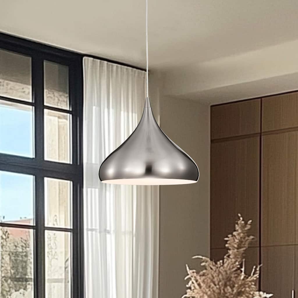 1-Light 12 in. Brushed Nickel Single Pendant with Teardrop Metal Shade