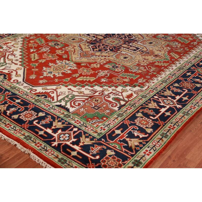 Geometric Medallion Heriz Serapi Area Rug Hand-Knotted Wool Carpet - 8'11"x 11'9"