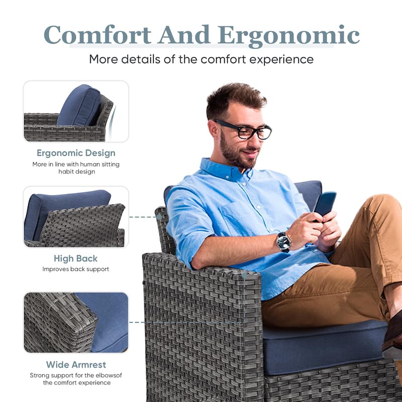 Outdoor Sofa with Swivel Chair Ottomans & Fire Pit Table - Blue cushion - Grey