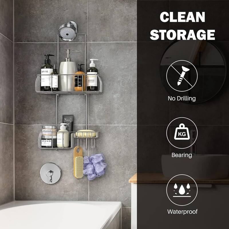 Shower Caddy Hanging, Anti-Swing Over Head Shower Caddy Rustproof with hooks for Towels, Sponge and more