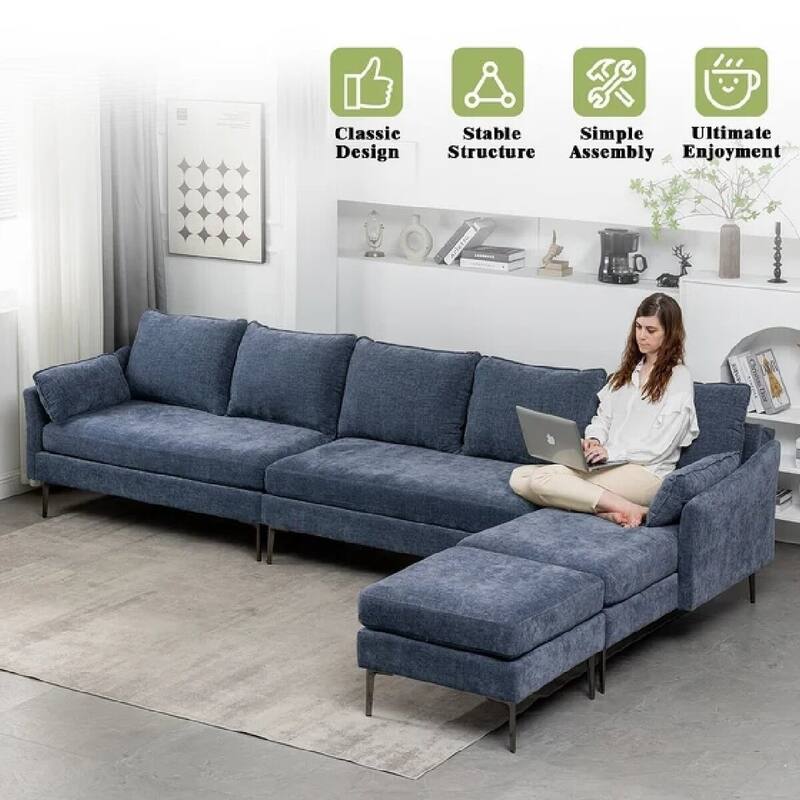 Modern Chenille Sectional Sofa with Reversible Chaise and Ottoman, Perfect for Living Rooms with Sleeper Function