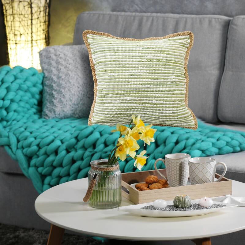 20" Green and White Striped Pattern Square Throw Pillow