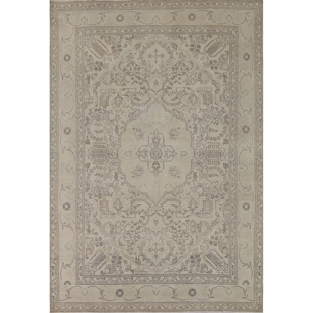 Distressed Tabriz Vintage Persian Rug Hand-Knotted Bedroom Wool Carpet - 7'11" x 11'0"
