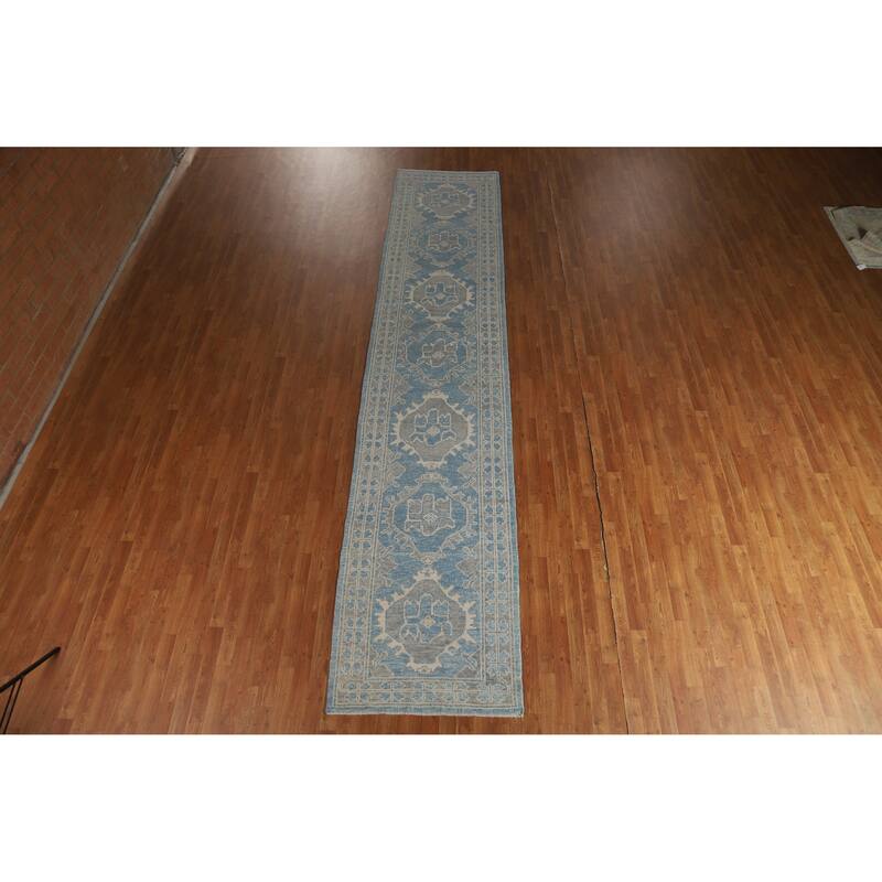 Hand Knotted Oriental 100% Wool Carpet Transitional Geometric Navy Blue & Blues Oushak Runner Rug - 15' 11'' X 3' 4''
