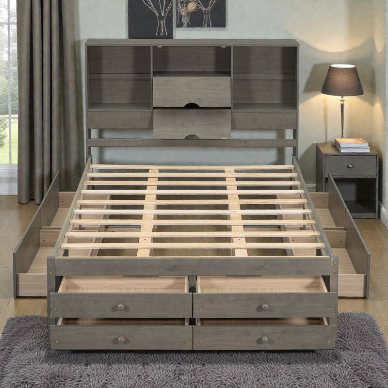 Platform Bed with Headboard Storage and 8 Drawers, Wood Bed Frame with Shelves and No Box Spring Needed