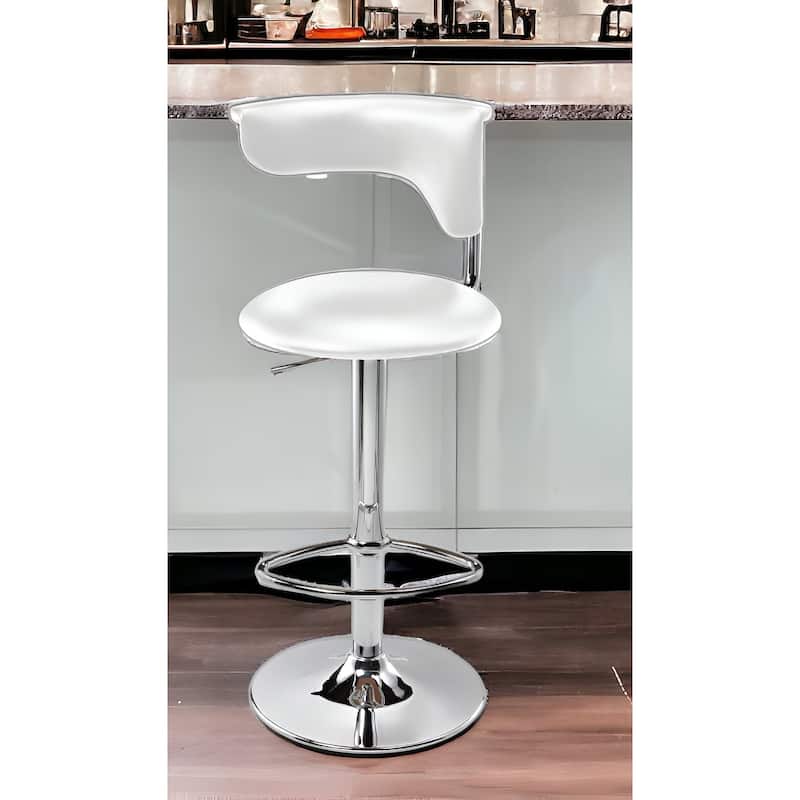 White And Silver Faux Leather And Metal Low Back Adjustable Height Bar Chair - White