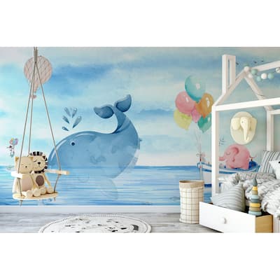 GK Wall Design Cartoon Sea Pink Elephant With Cute Whale Removable Wallpaper
