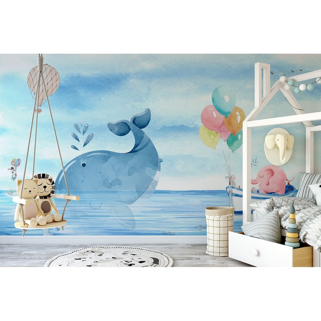 GK Wall Design Cartoon Sea Pink Elephant With Cute Whale Removable Wallpaper