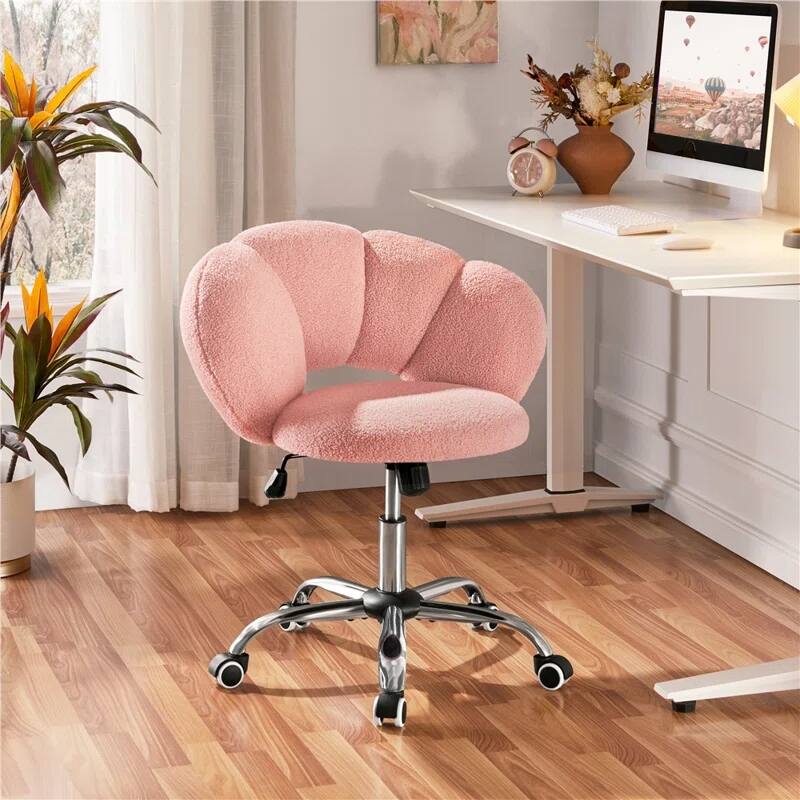 Boucle Upholstered Vanity Chair With Wheel - Pink