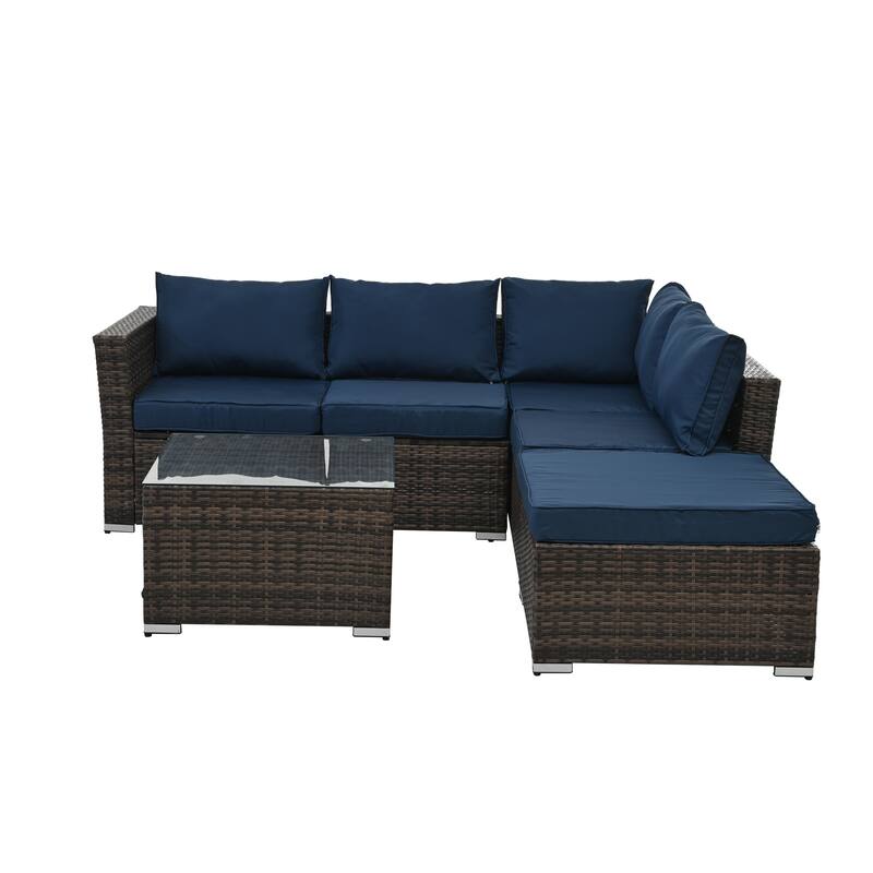 Modular Sectional Sofa with Tempered Glass Coffee Table, PE Wicker Frame Conversation Sets with Ottoman, Convertible Loveseat