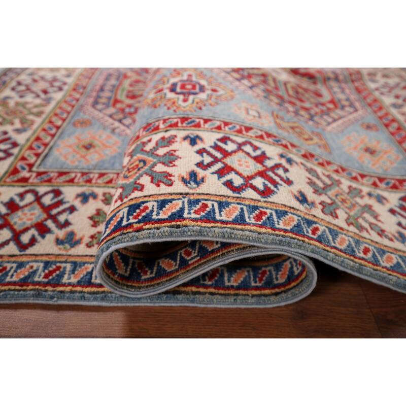 Blue Geometric Kazak Accent Rug Hand-Knotted Wool Carpet - 4'1" x 5'10"