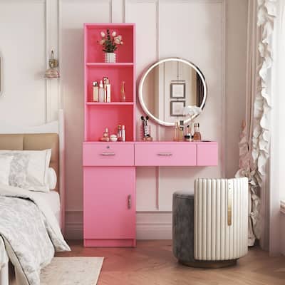 Large Storage Space Hair Desk with 2 Drawers, Cabinet and Multi-layer Storage for Makeup, Pink