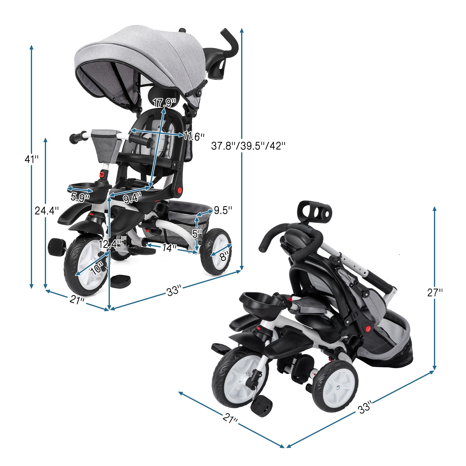 Baby Tricycle Stroller 7 in 1 Folding Toddler Bike Grey 2 4 Years