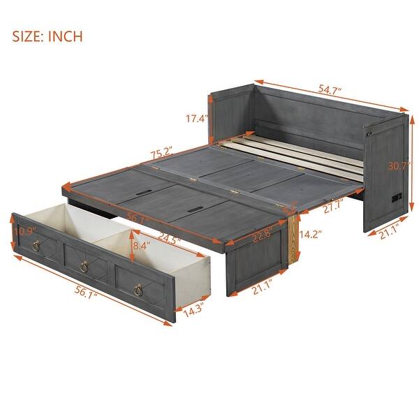 dimension image slide 0 of 2, Murphy Bed with USB Port and a Large Drawer, Folding Bed, Gray