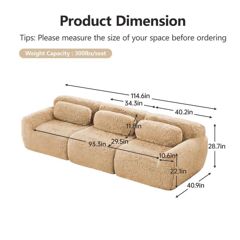Modular Sectional Sofa, Plush Fabric Boneless Couch with Throw Pillows, 2/3/4-Seater Options, No Assembly