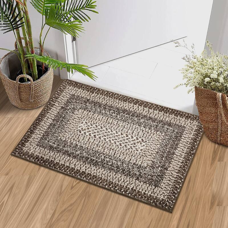 Washable Living Room Rugs Modern Braided Print Area Rug Border Design Accent Rugs for Bedroom Non-Slip Low Pile Area Rug