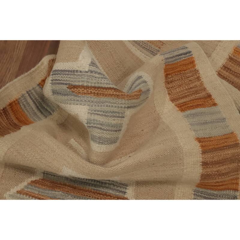 Hand Woven Oriental 100% Wool Carpet Southwestern Tribal Beige & Ivories Kilim Runner Rug - 8' 0'' X 2' 0''