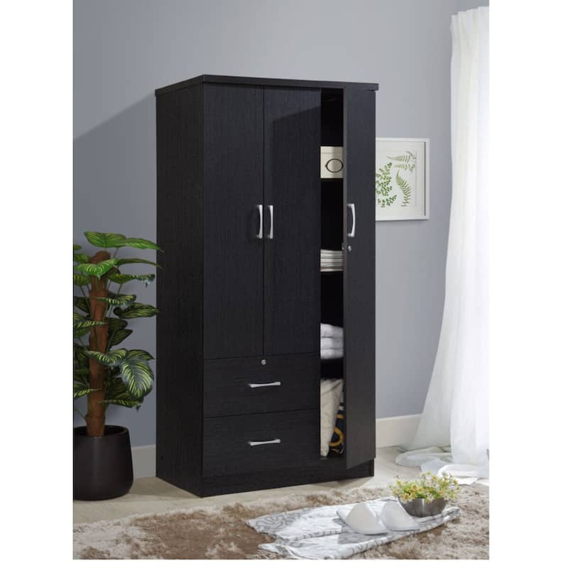 72" Black 2 Drawers and 3 Shelves with 3 Doors Armoire