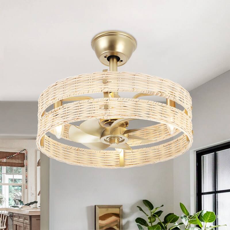 18.5" Boho Rattan Caged Ceiling Fan with Light Kit and Remote Control - Beige