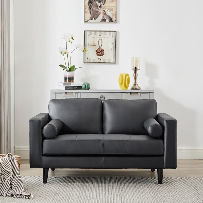 Luxury Cowhide Leather Loveseat with Firm Cushions, Spacious 2-Seat Design, and Bolster Pillows