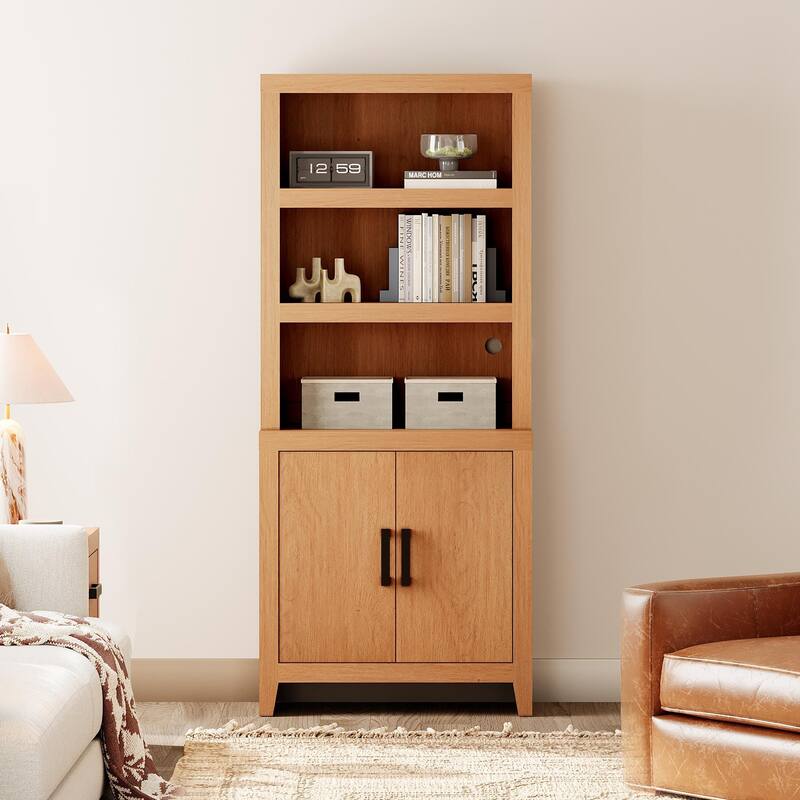 74" Tall Bookshelf with Door, Farmhouse Bookcase with Adjustable Shelf and Storage Cabinet for Living Room, Office