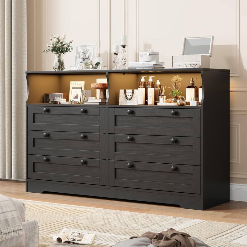 6 Drawer Dresser for Bedroom, 55" Wood Chest of Drawers with Charging Station, LED Lights and 2 Storage Compartments