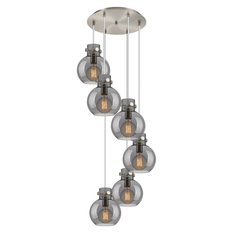 Innovations Lighting Newton Sphere - 6 Light 8" Cord Hung Multi Pendant - 14" Canopy - Brushed Satin Nickel/Light Smoke