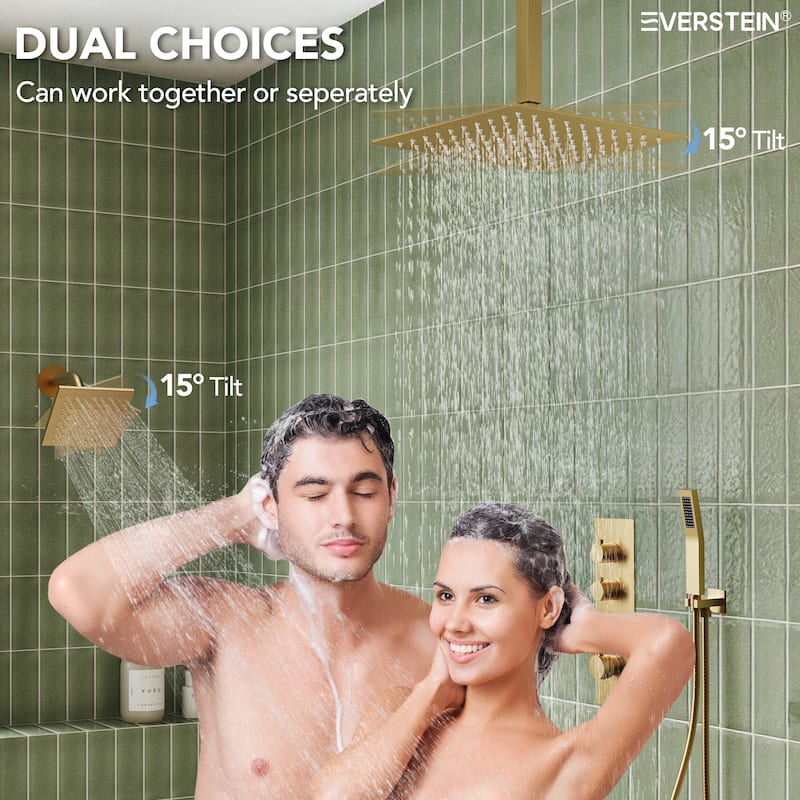 Dual Heads 16" Rainfall & High Pressure 6" Shower System w/ 3 Way Thermostatic Faucet 