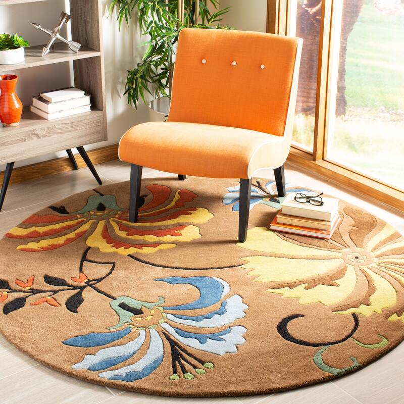 SAFAVIEH Handmade Soho Ciji Floral N.Z. Wool Rug - 8' Round - Brown/Multi