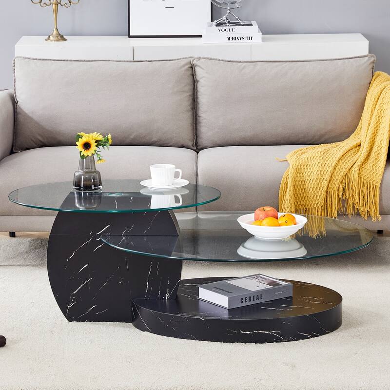 Roomfitters Double Layer Coffee Table with White Marble and Wood Grain Finish, Artistic Modern Design - Black Marble