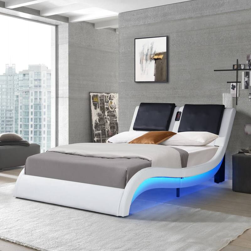 Platform Bed Frame with Led Lighting,Bluetooth Connection to Play Music,Backrest Vibration Massage