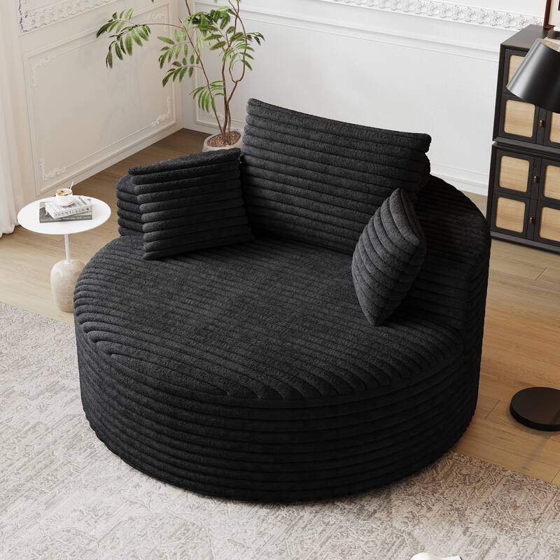 Corduroy Upholstered Single Sofa, Oversized Fluffy Sleeper Chair, Round Reading Chair with Headrest & 2 Pillow