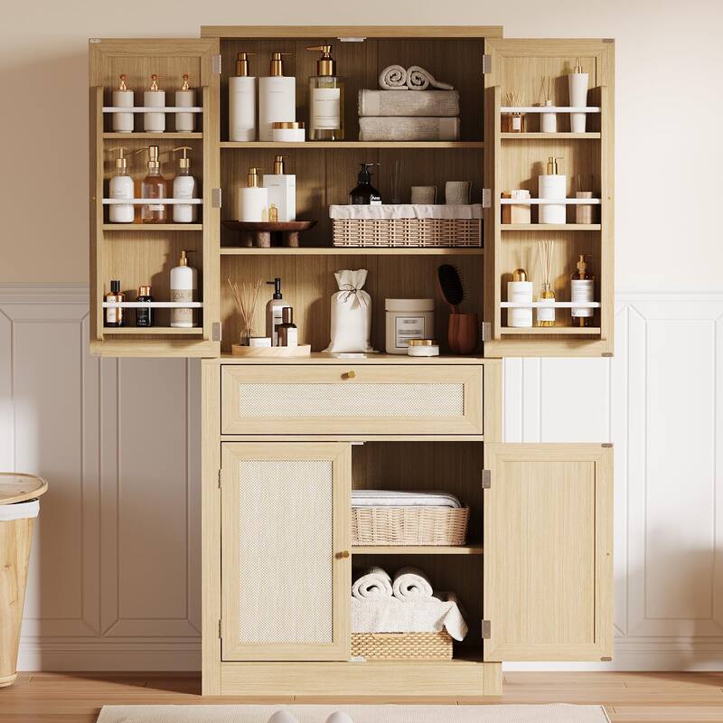 70 Inch Tall Pantry Cabinet, Rattan Kitchen Storage Cabinet with Drawer, Door Shelves & Adjustable Shelves