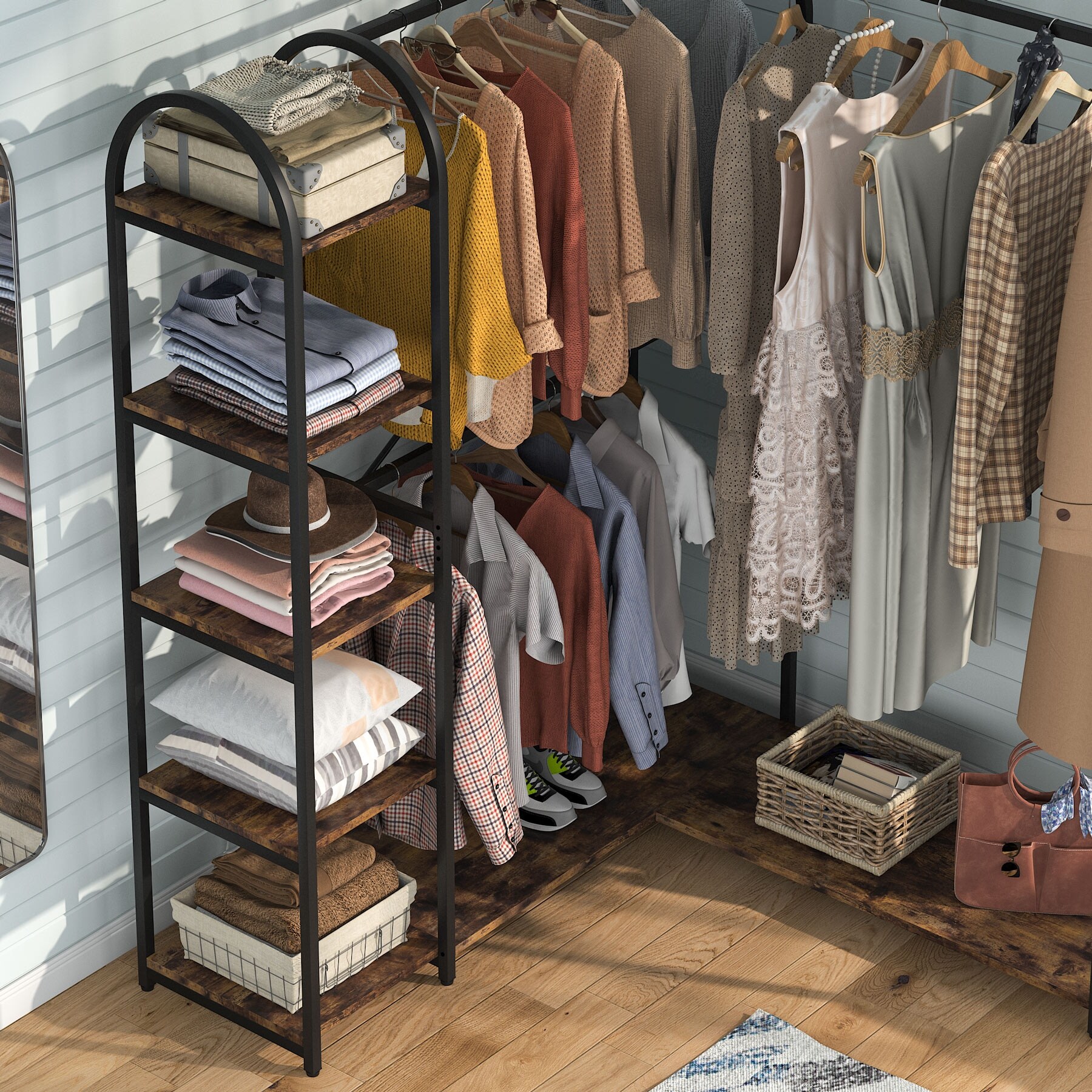 Industrial L Shaped Closet Organizer Freestanding Corner Clothes Garment Rack with Hanging Rods and Storage Shelves Bed Bath Beyond 36111388