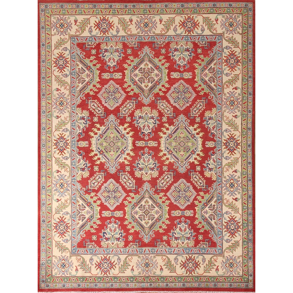 Red Geometric Kazak Area Rug Handmade Wool Carpet - 7'11" x 9'11"