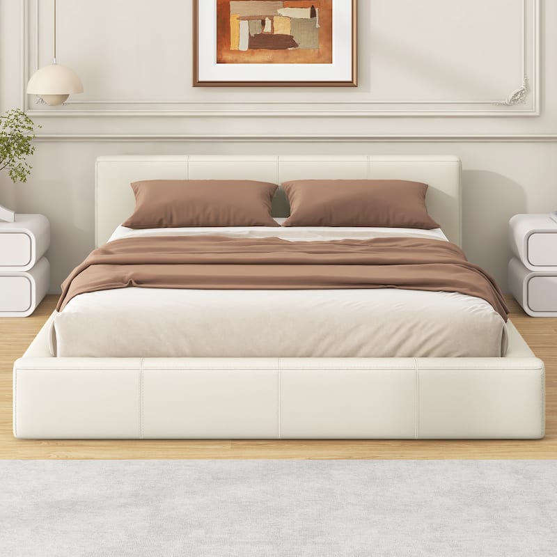 Christopher Knight Home - Faux Leather Upholstered Modern Platform Bed with Sturdy Wood Frame, No Box Spring Needed - Beige - Full