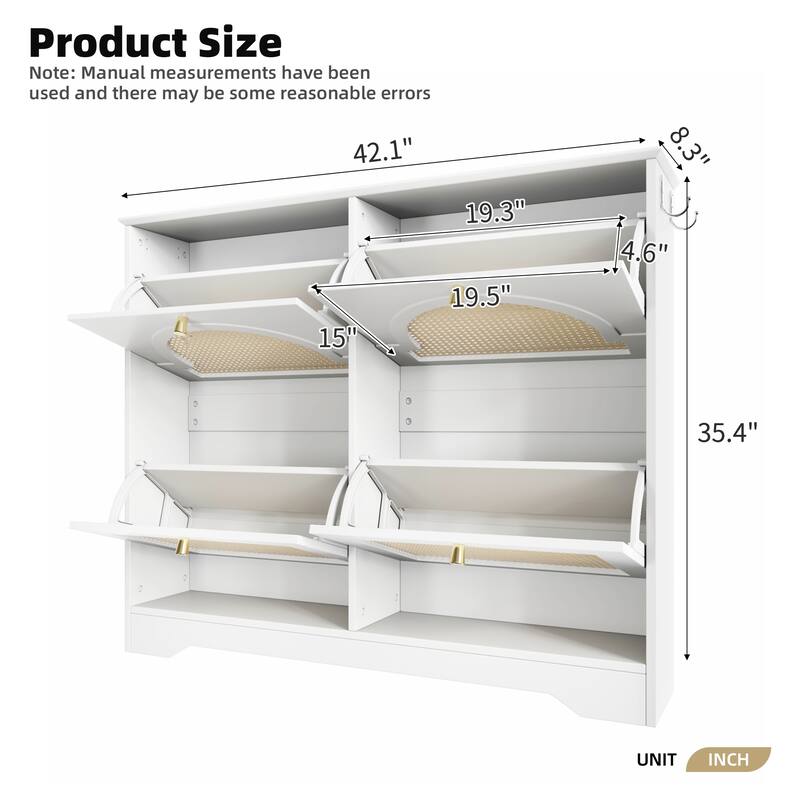 Narrow Design Tipping Bucket Shoe Cabinet with 4 Flip Drawers, Entryway Shoe Organizer with 4 Rattan Doors, 2 Silvery Hooks