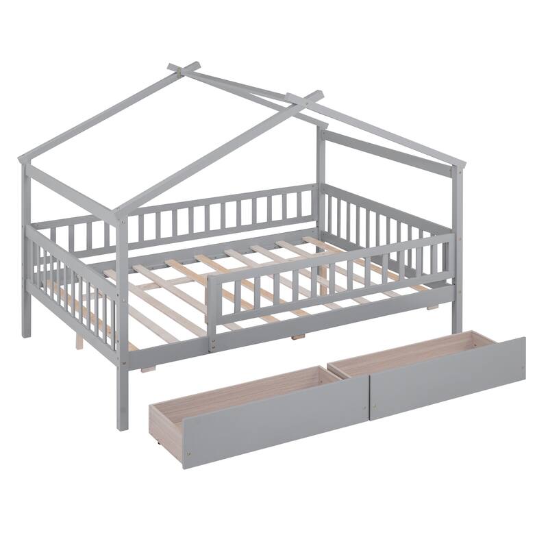 Full Size Wooden House Bed with Two Drawers and Roof