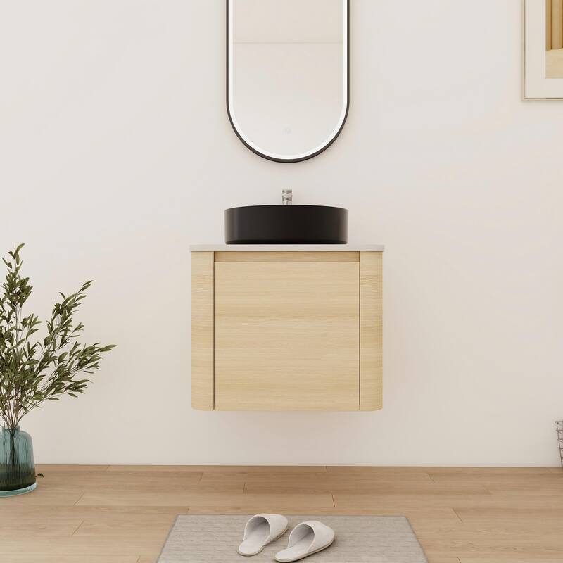 Bathroom Vanity With Sink In 24/30 Inch, Floating Bathroom Vanity With Soft Close Door - 23.6''W×18.6''D×24.4''H - White Oak-Matt Black Sink
