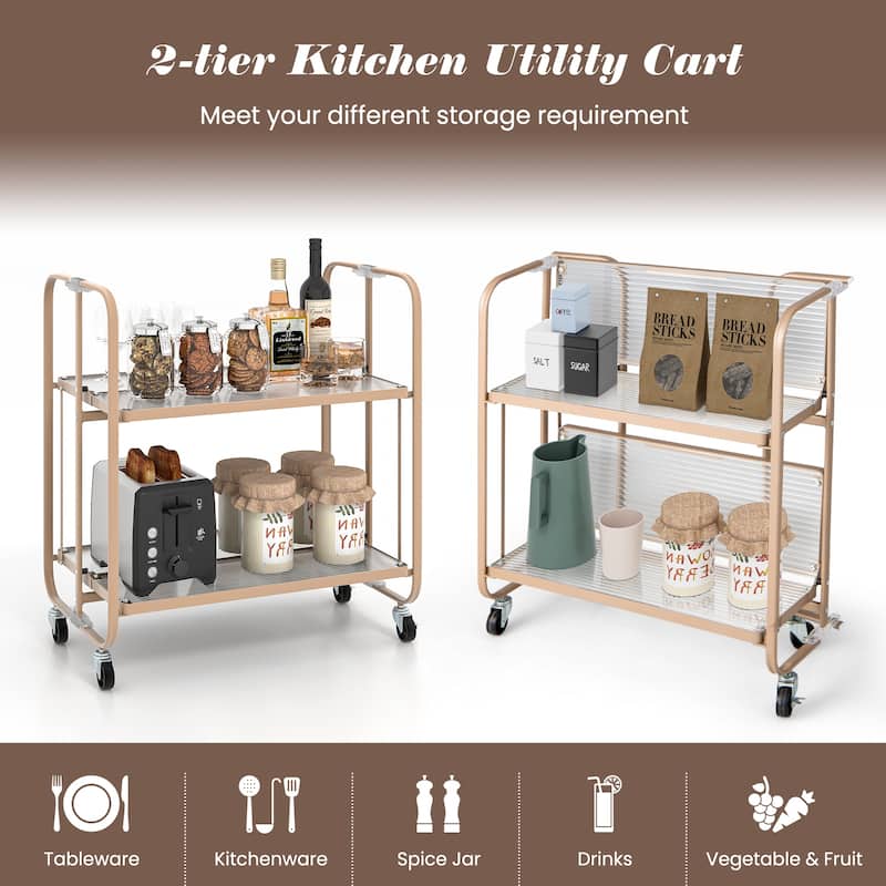 2-Tier Mobile Serving Cart with Tempered Glass Shelf-Golden - 26" x 16" x 28.5"